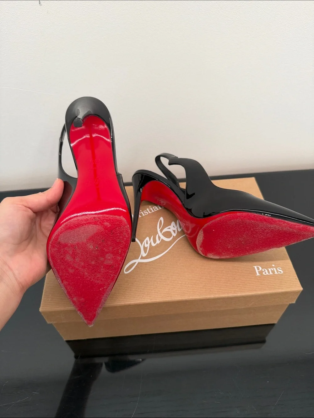 Christian Louboutin Black Patent Slingback Pointed-Toe Pumps